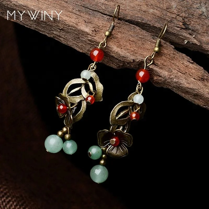 

hollow out copper flowers ethnic vintage earrings,nature stones exptic dangle earrings, N/a