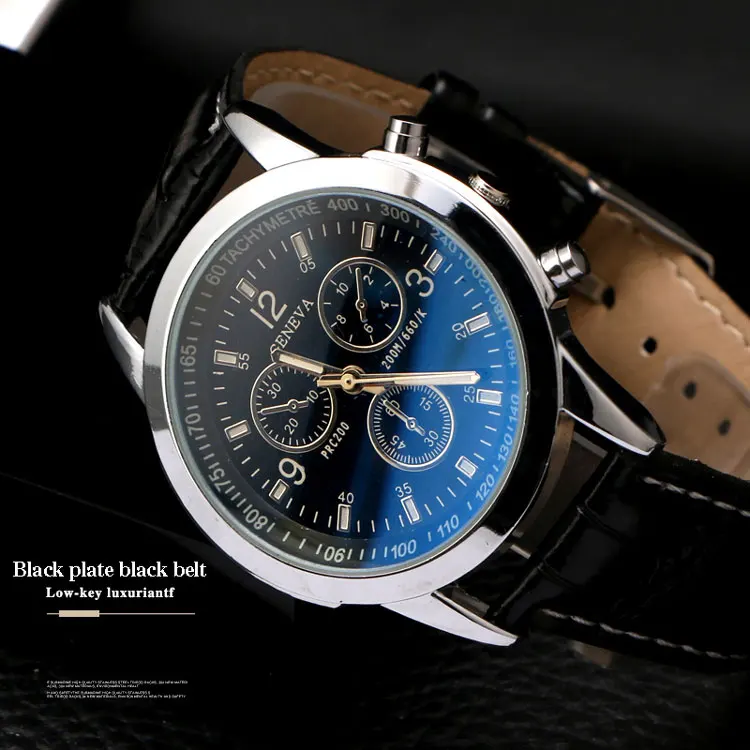 

Luxury Fashion Blue Ray Glass Three-eye Watch Leather Strap Waterproof Quartz Mens Watch for sport, As picture