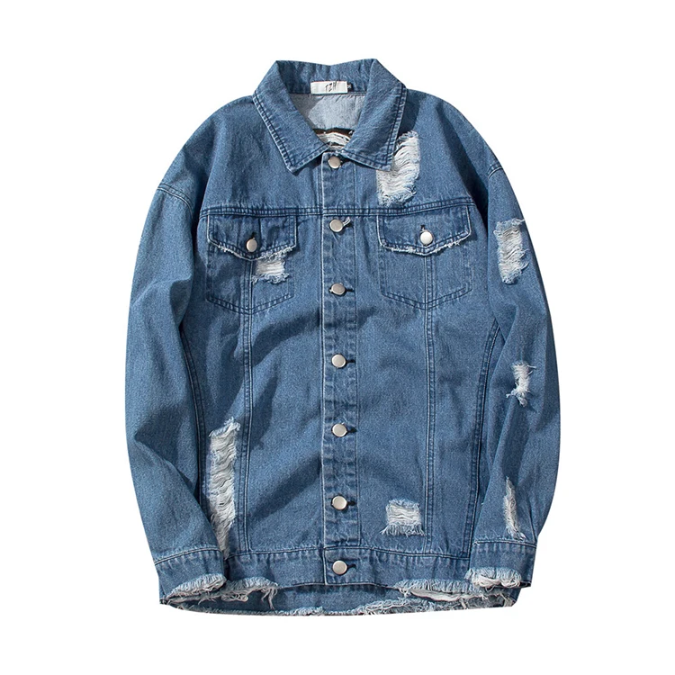 

Wholesale Custom Men Acid Washed keyhole Back Ripped Frayed Fashion Denim Jacket Motorbike Jacket