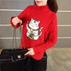 winter fashion crew neck cat print embroidery cute lady knitted sweater pullover