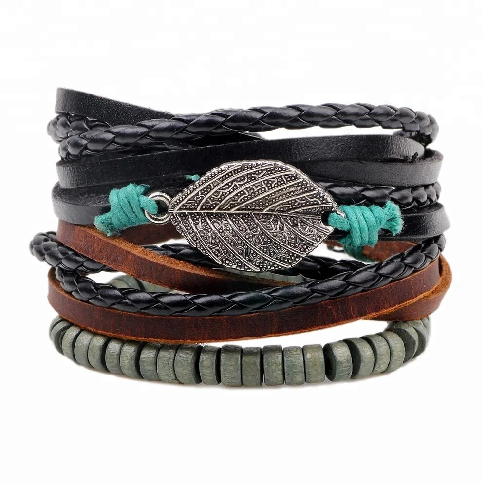 

Fashion accessories Rope Wood Bead Alloy leaves Leather Bracelets & bangles 3 pcs/set Multilayer Braided Wristband Bracelet Men, N/a