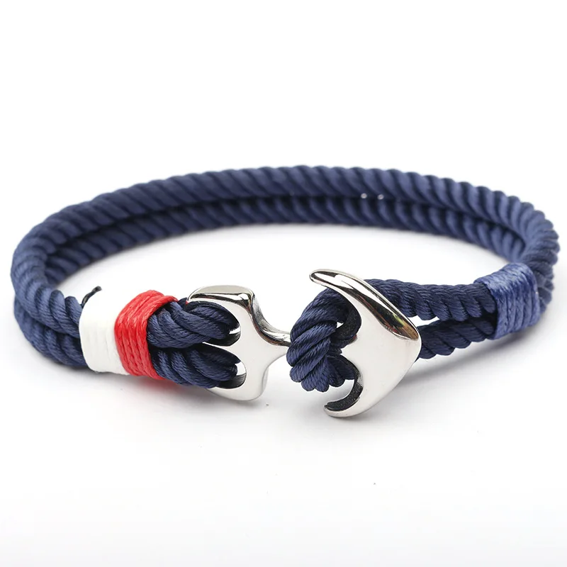 

Low Price Custom logo antique color polyester nautical rope nylon mens stainless steel anchor bracelet, Silver