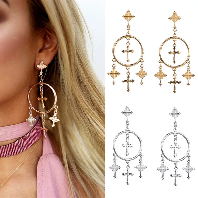 

Women Gothic Big Round Circle Chandelier Earrings Multiple Gold Hanging Cross Earrings