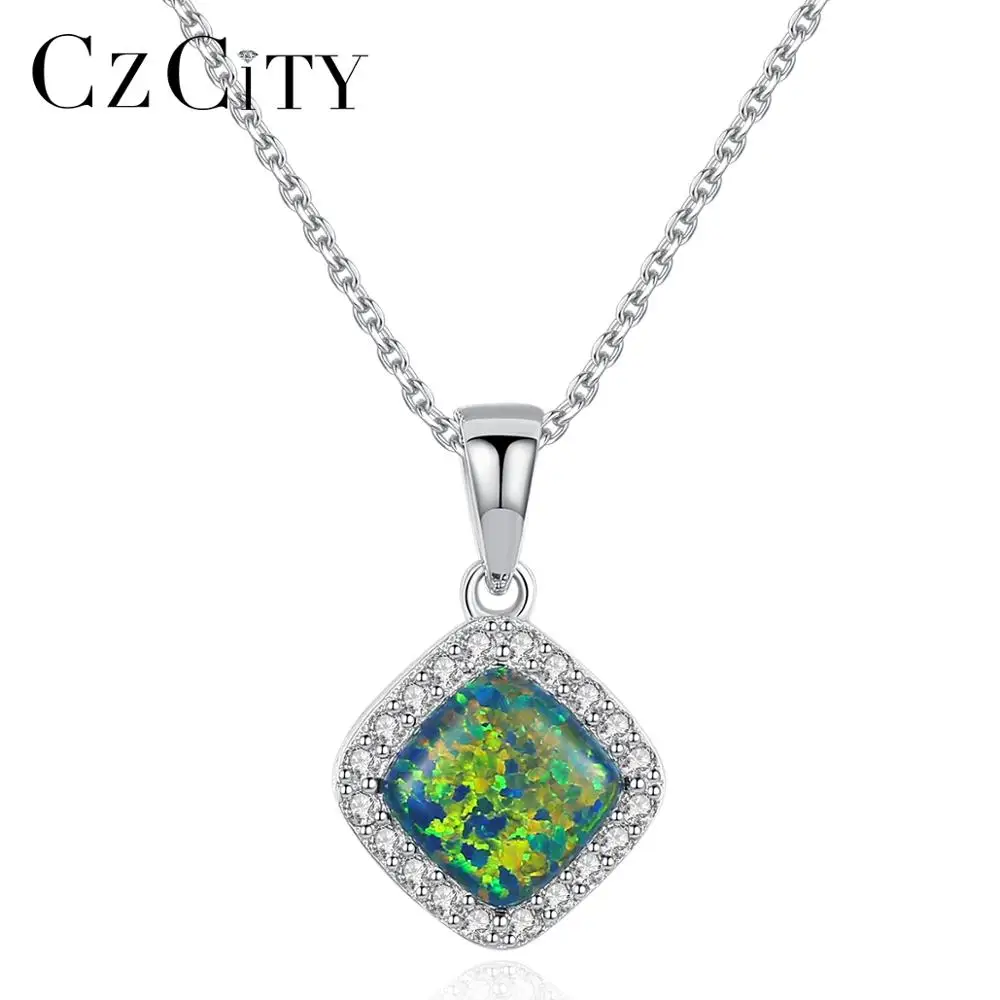 

CZCITY 925 Sterling Silver Necklaces for Women Fine Jewellery Link Chain And Square Fire Opal Pendant Necklace