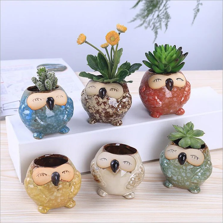 

Owl shape ceramic mini flower succulents plant pot, Red, yellow, blue, green