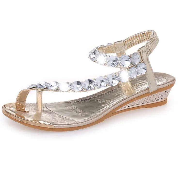 

new casual low heel buckle toe rhinestone sandals women diamond sandals, Gold, silver