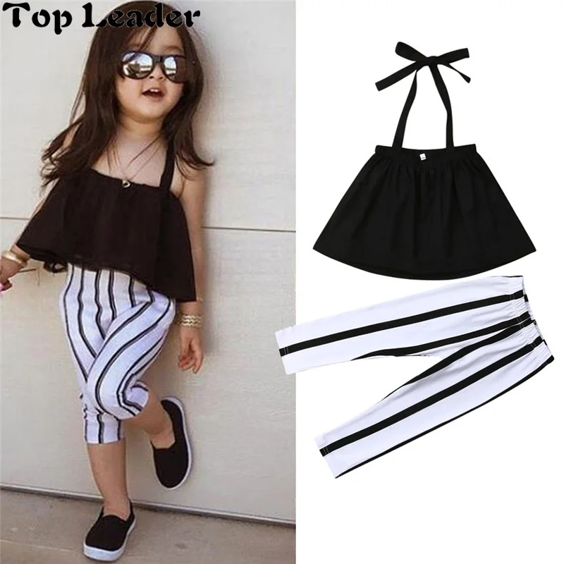 

Top Leader 1-6Y Cute Girls Summer Clothing Kid Strap Tops+Striped Pants Leggings 2pcs Outfits Kids Fashion Clothing Toddler Girl, Black