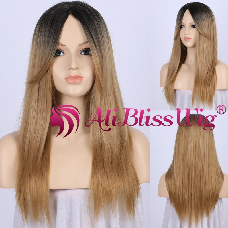 

Heat OK Fiber Hair Synthetic None Lace Middle Part Wigs with Bangs Two Tone Ombre Blonde Full Wig Dark Roots for White Women