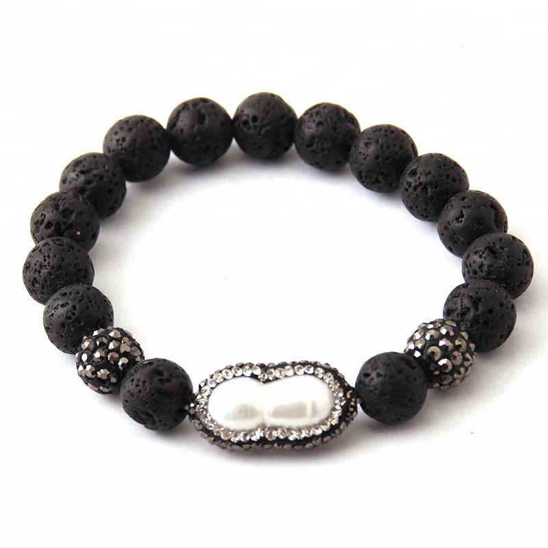 

Fashion Women 10MM Handmade Lava Stone Bracelet Pearl Crystal Pave Ball Bracelet