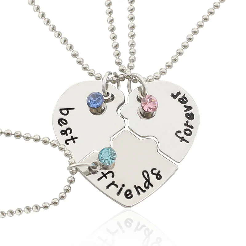 

3 pcs best friends forever" Rhinestone Broken Heart Shape Bff Necklace Friendship, Silver