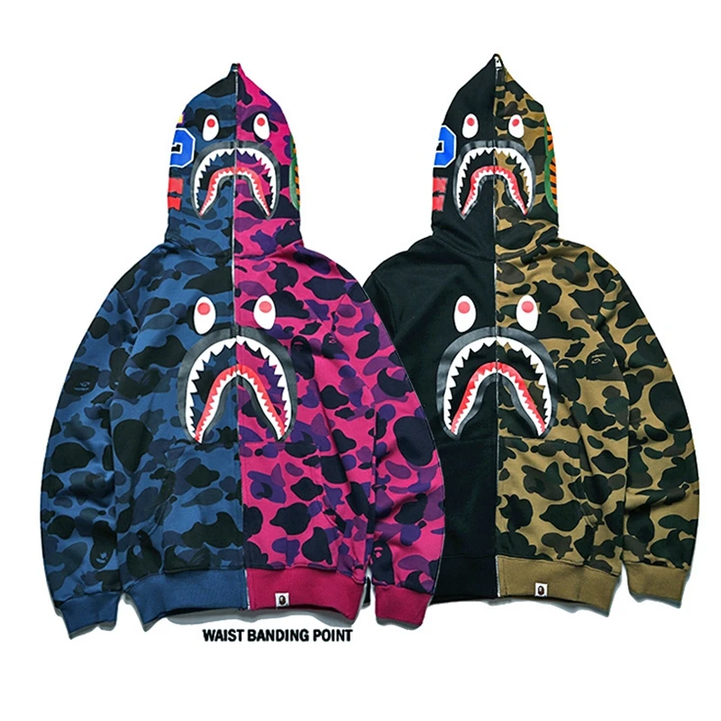 

Wholesale price high quality man zip up hood sweatshirt hiphop fashion camouflage shark sweater with BAXE brand, As picture show