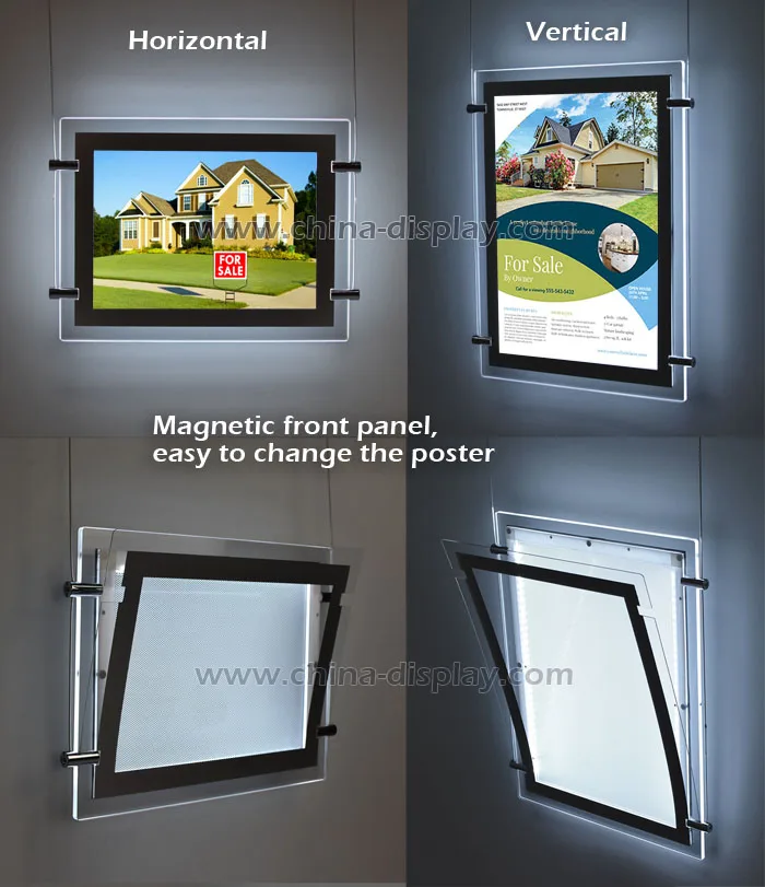 Hanging Window Displays A3 Landscape 2 Side Crystal LED Light Panel Estate Agent 