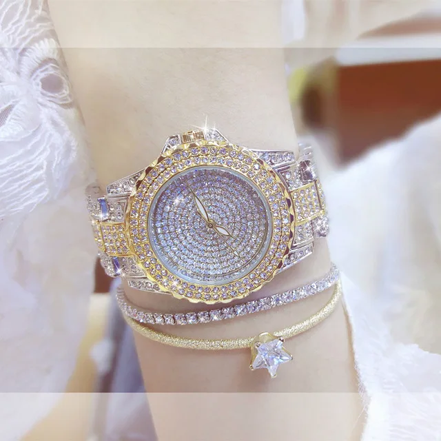

BS Watch Women 1427 Luxury Brand Full Diamond Stainless Steel Watch Woman Fashion Elegant Women Dress Bracelet Relogio Feminino, 3-color