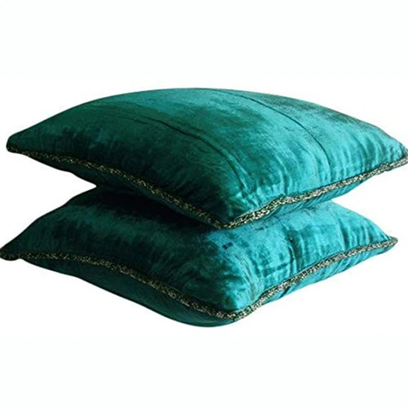 Royal Peacock Green Throw Pillows Cover Solid Color Bead Cord Crushed Velvet cushion cover