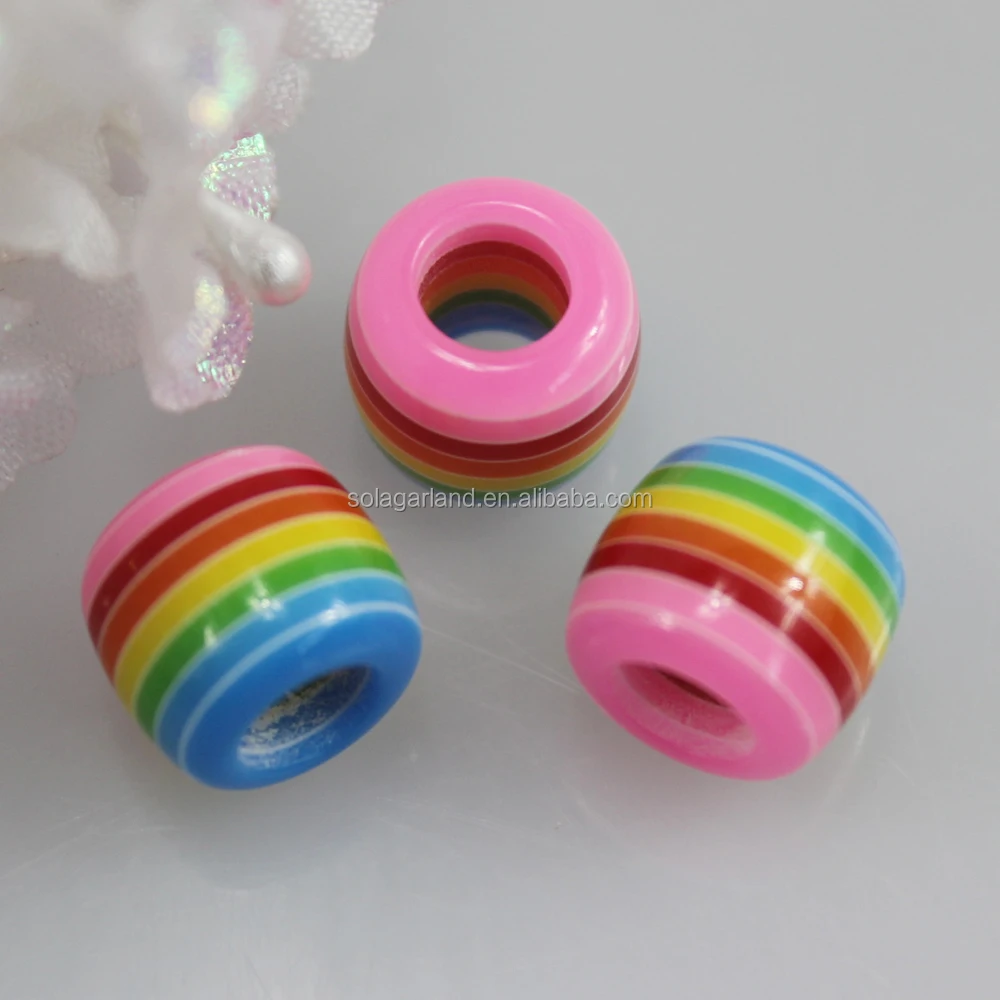 

Hotsale 12*12*10mm Rainbow Color Striped Resin Barrel Beads European Large 5mm Hole Cylinder Beads For Craft Making
