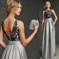 

Lace Satin Prom Dresses Evening Dresses Sleeveless Long Cocktail Dress Formal Wedding Bridesmaid Evening Party Silver Gray