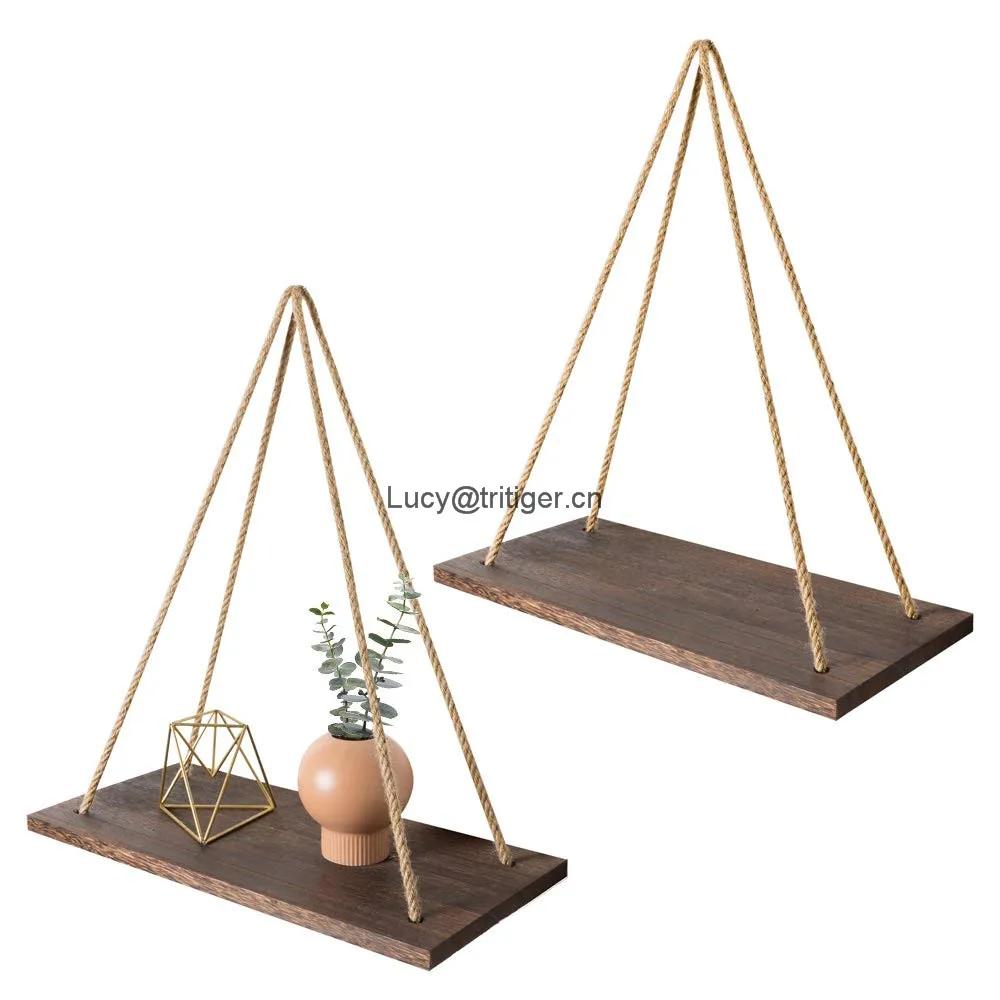 

Set of 2 Wood Wall Floating Shelf Rustic Hanging Swing Rope Shelves, Beige, brown or as customer's requirement