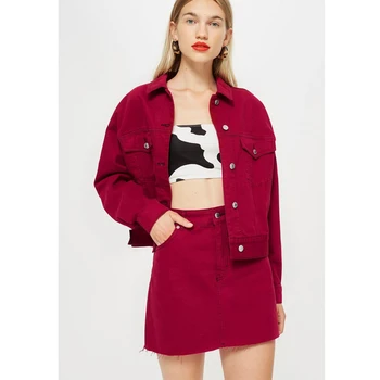 red denim skirt and jacket