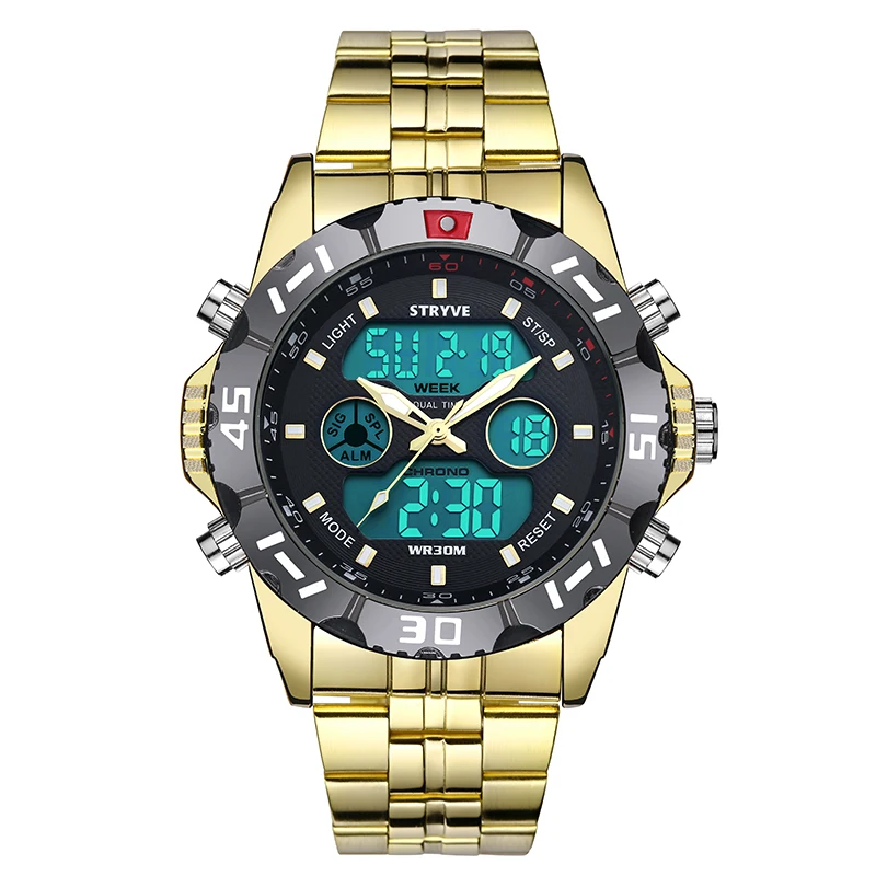 

2019 STRYVE 8011 Multifunction Sports Watches Luxury LED Digital Clock Military Big Dial Dual Display Quartz Men Relojs