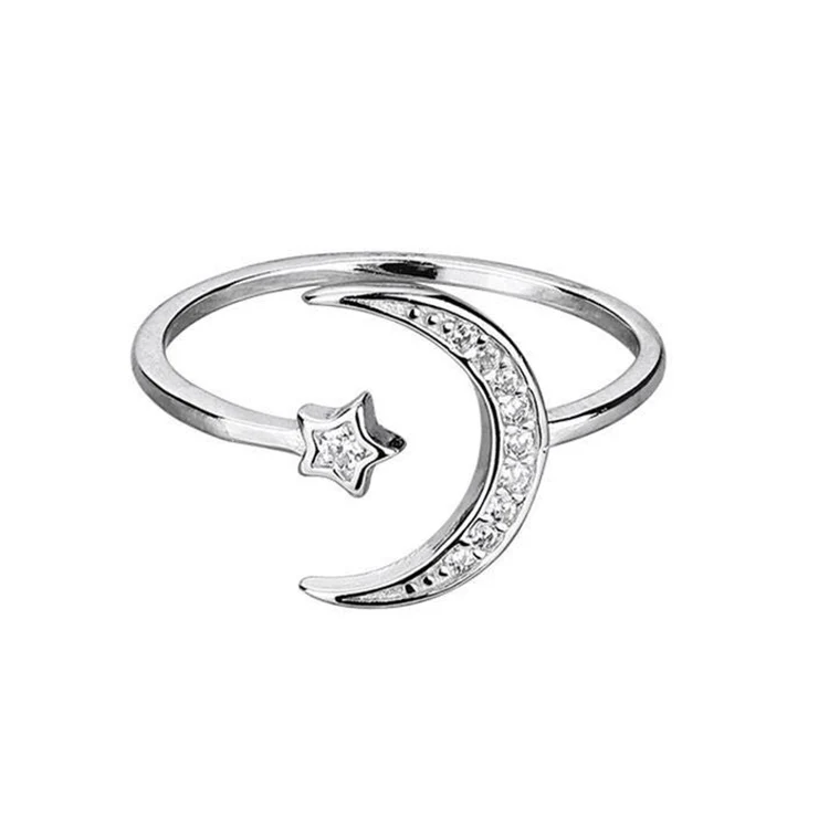 

Fashion Open Diamond set moon ring with five-pointed star, Silver