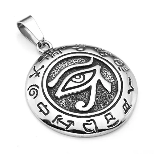 PiercingJ Mens Stainless Steel Tone Egyptian Horus Eye Symbol of Protection Eye Pendant Necklace  