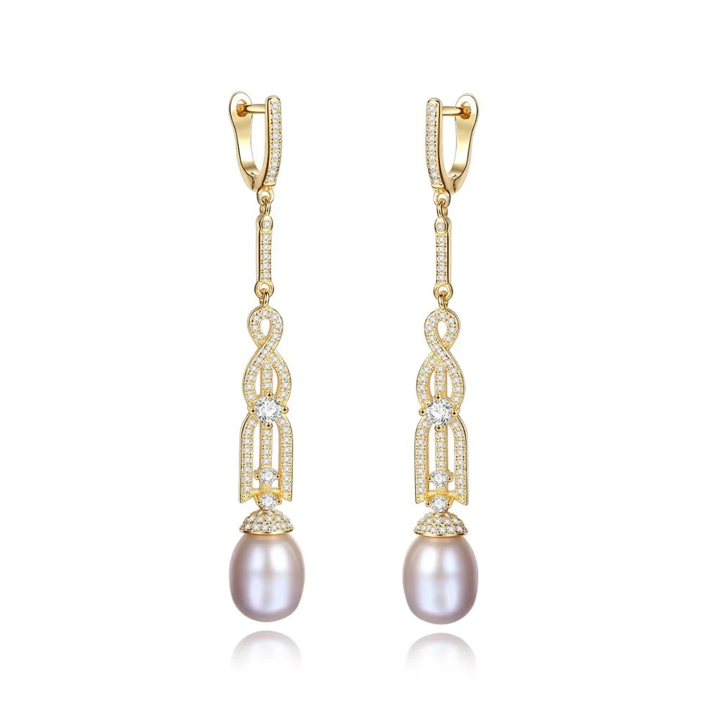 

CZCITY Big Pearl Earing Luxury Design Cubic Zirconia Dropping Wedding Zircon Long Earring Jewelry