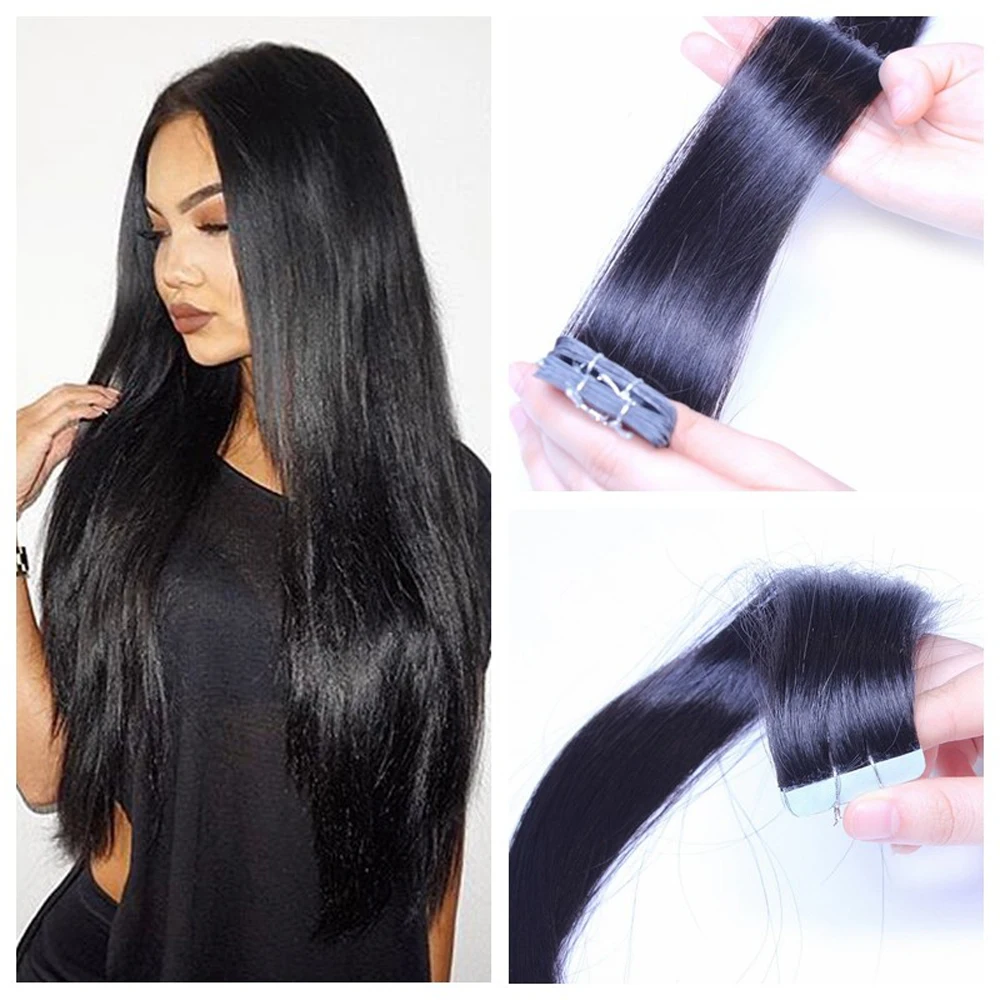 

100 Peruvian remy tape in hair extensions 40 pieces jet black us tape natural hair skin weft 16"20"24"apply for human hair