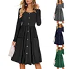 2019 Round Neck Long Sleeve Dress Button Pocket Collect Waist Big Hem Casual Dresses Femme Clothes For Women