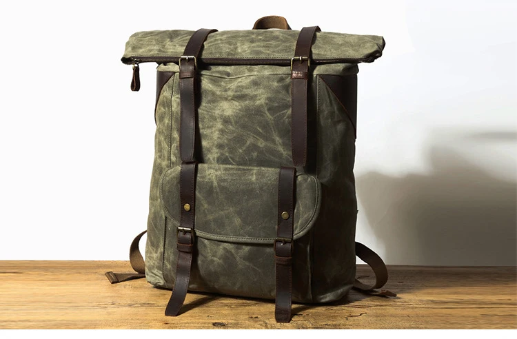 Outdoor high quality waxed canvas large capacity waterproof hiking travelling backpack bagpack back pack bag