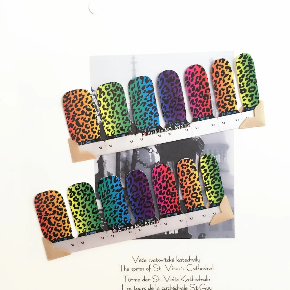 Rainbow Leopard Print Nail Arts Stickers 14 pcs set Full Tape Patch Waterproof Foils Decals Polish