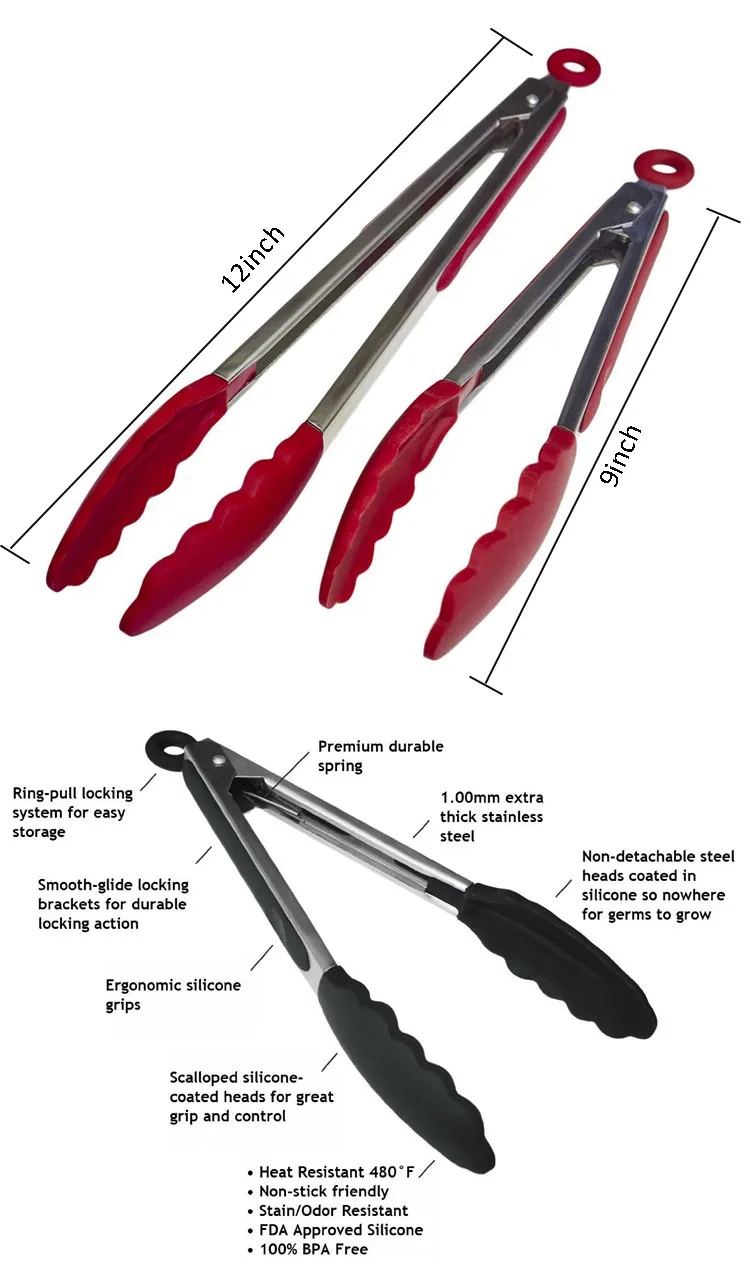 Non Slip Handles Wide Shell Head Kitchen Food Tongs Stainless Steel