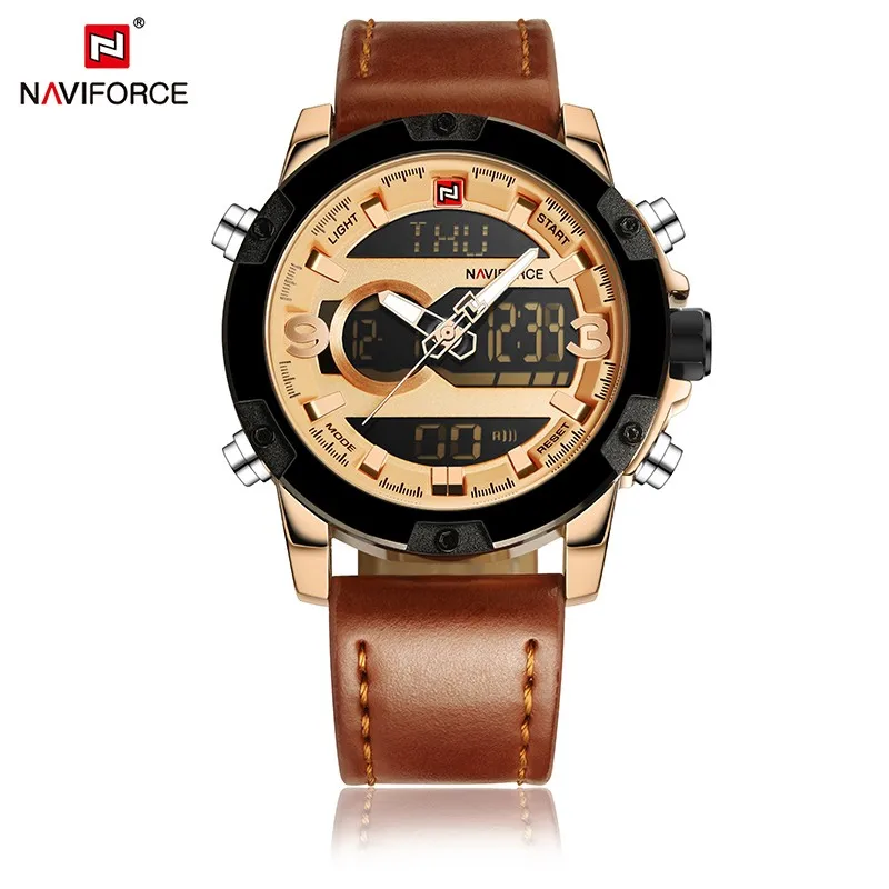 

Top Famous Brand Reloj Genuine Leather Strap Dual Time Quartz Digital Clock Date Military Waterproof Naviforce Luxury Men Watch