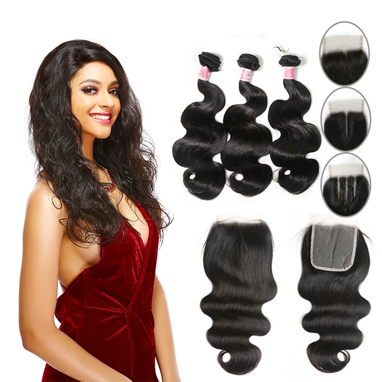 

JP Brazilian Hair 3 Bundles With Closure Virgin Human Hair Bundles With Lace Closure 100% Unprocessed Hair Extensions, Natural color