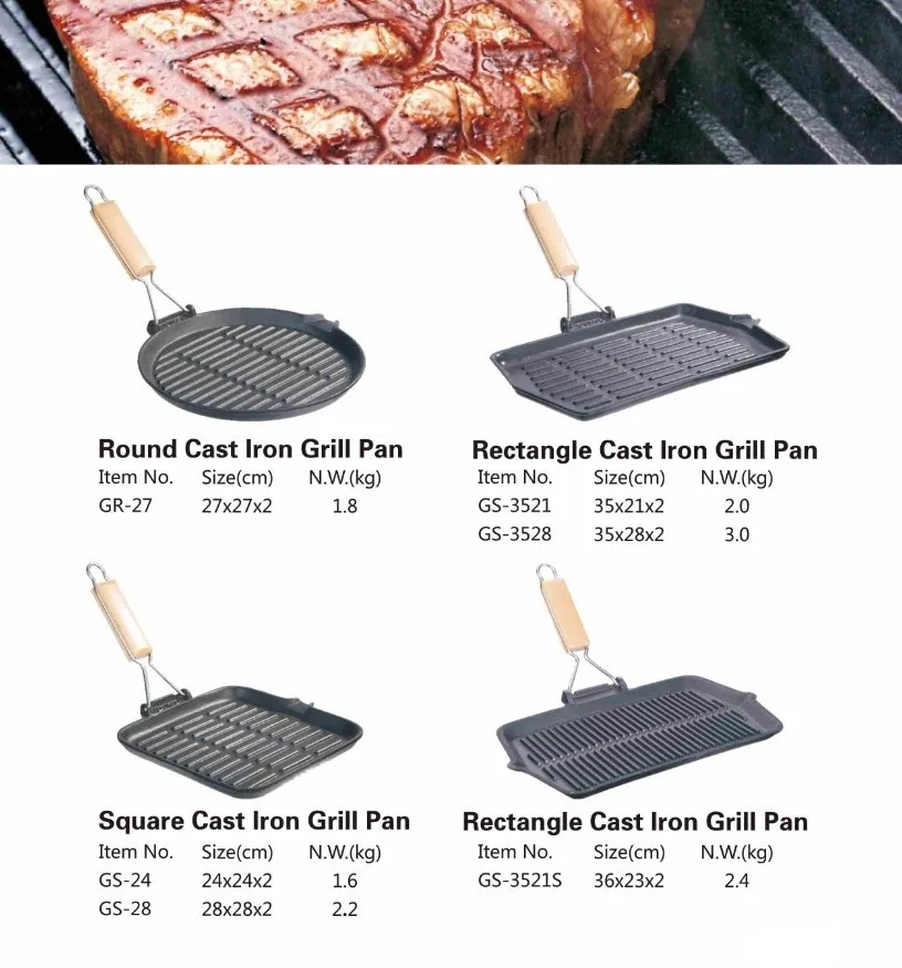Heavy Duty 27cm Round Cast Iron Seasoned Grill Pan With Folding Wooden
