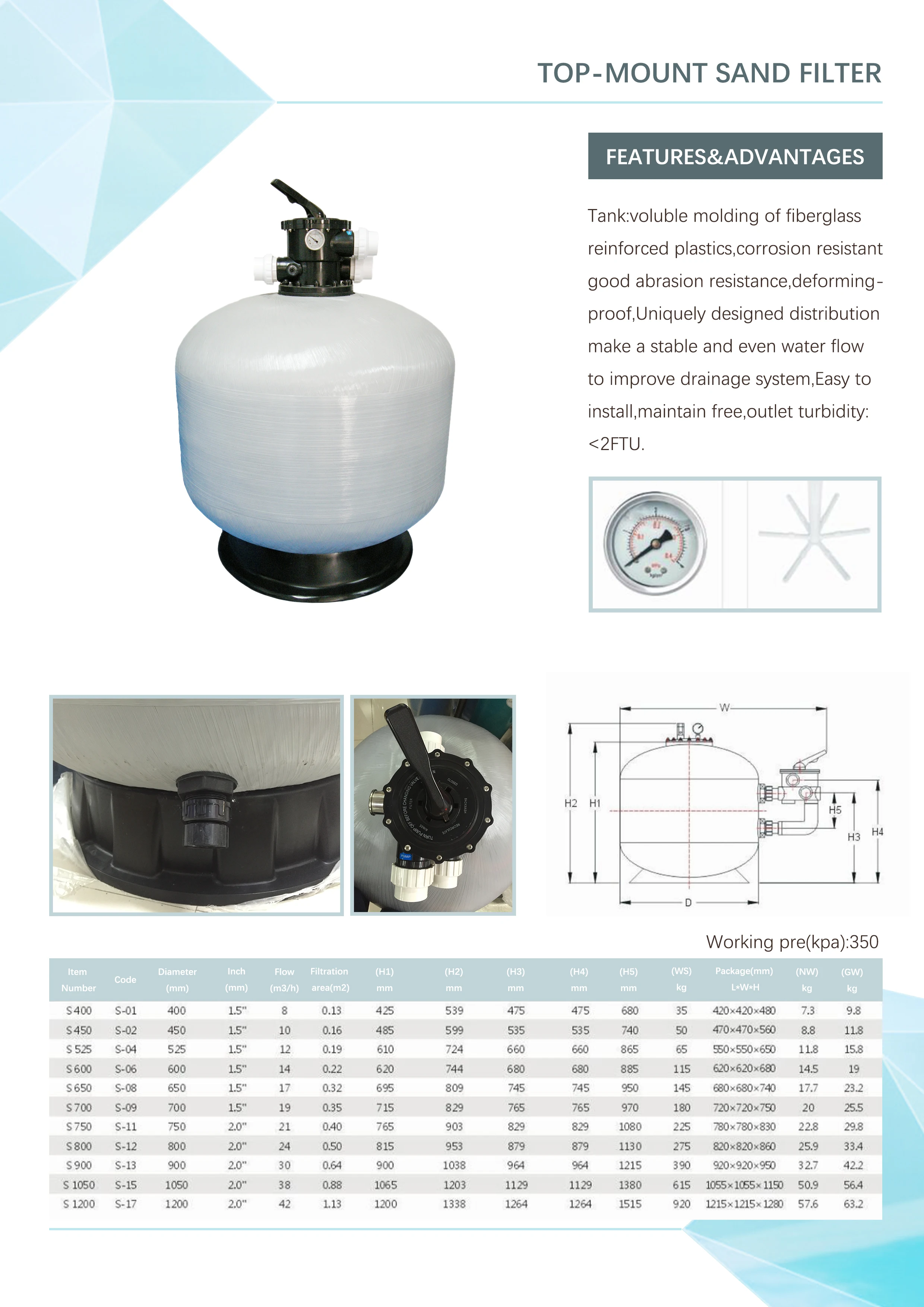 900mm Top Mount Side Fiber Glass 2 Inch Six Way Valve Swimming Pool