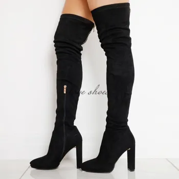 suede thigh high boots block heel
