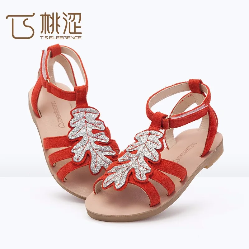 

T.S. kids shoes 2017 summer new Bowknot hook loop Flower Children Scrub Leather Sandals Beach Shoes Blue size 26-36, As picture show or customized
