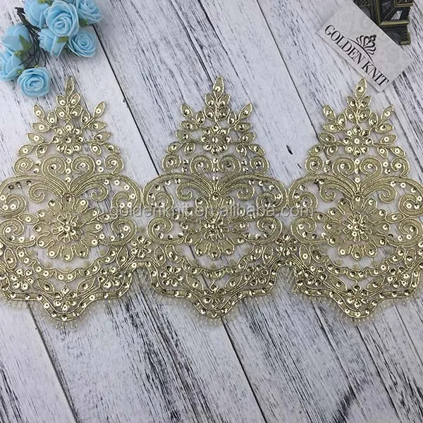 

18cm Width Gold Color Bridal Embroidery Lace Trim Sequin lace