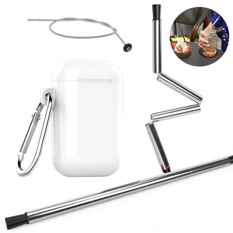 

Collapsible Reusable Stainless Steel Drinking Straws Food-Grade Foldable Silicone Straw with Case and Brush, White
