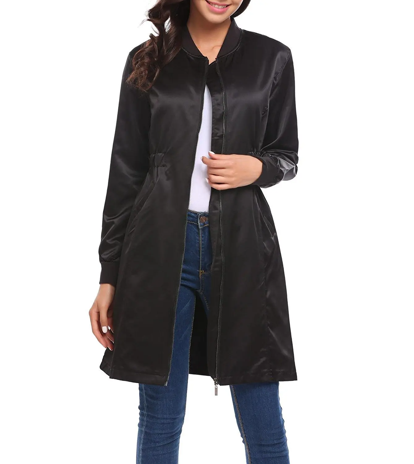 Womens Jacket Casual Long Zipper Lightweight Jackets Coat Outwear Windbreaker Jinjiums