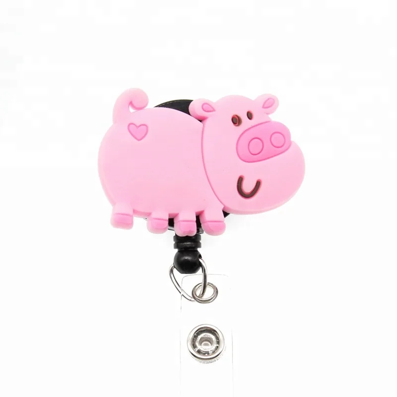 

Custom Logo Cute Animal Pink Pig PVC Retractable ID Plastic Badge Holder Reel, Many colors, as your requests