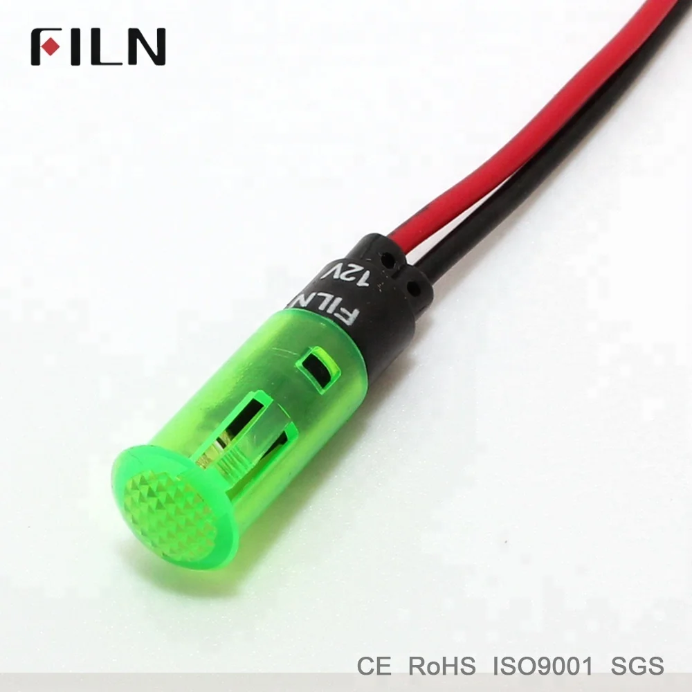 Filn CE 8mm plastic indicator lamp 12v 24v led red green blue pilot light with 20cm wire