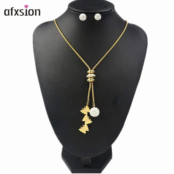 

AFXSION 2018 hot selling women jewelry Diamonds sweater chain necklace earrings stainless steel jewelry set, Gold/silver