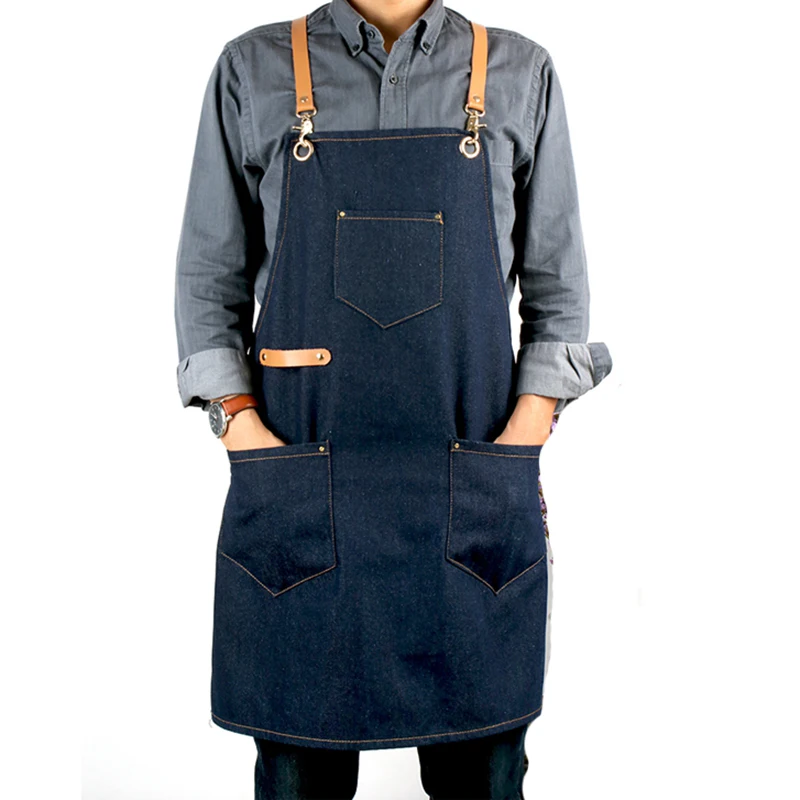 

Hook style leather shoulder strap denim apron coffee shop milk tea shop supermarket literary bookstore apron, Blue;customized color