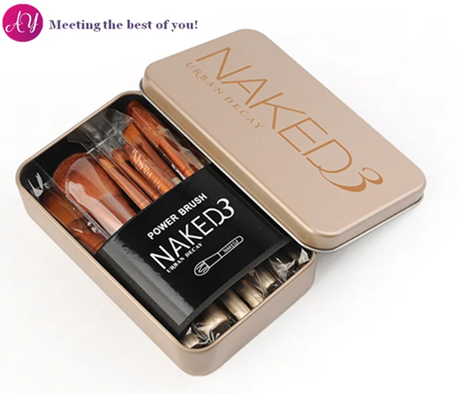 

AY free samples 12 pcs naked3 makeup brush sets with metal box, Brown