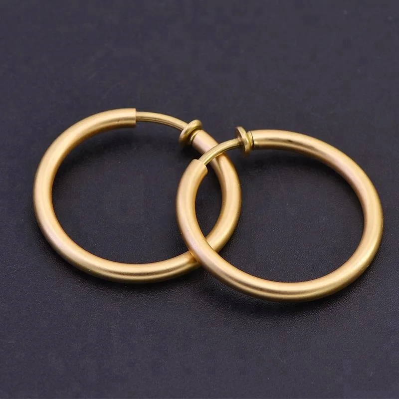 

14K gold plated thick 32mm make clip on earrings matte spring loaded hoop earrings CP32, N/a