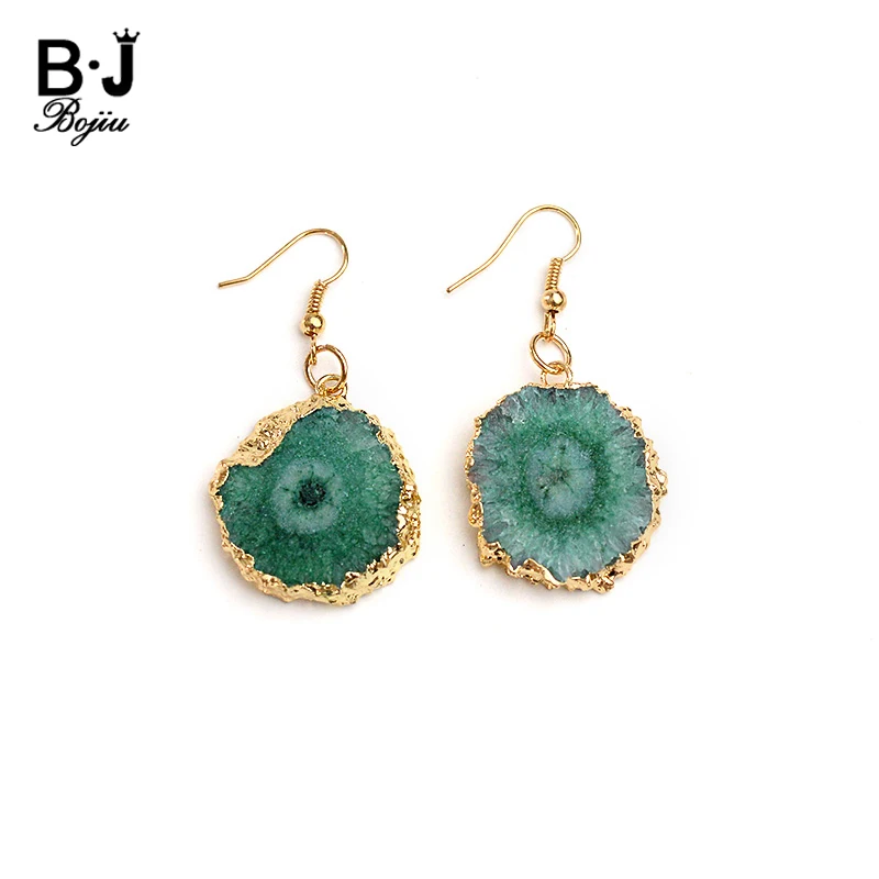 

BOJIU Natural Druzy Stone Fish Hook Earrings For Women Trendy Drusy Pendant Gold Copper Drop Dangle Ring, Picture