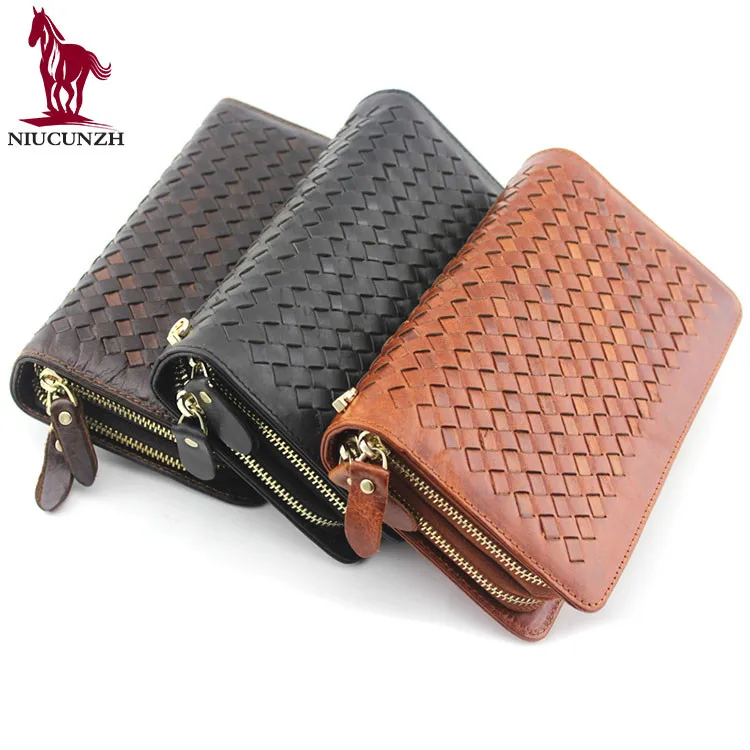 

Drop Shipping Oem Odm Genuine Leather Woven Zipper Clutch Men Handbag Wallet 9063, Black/brown/coffee