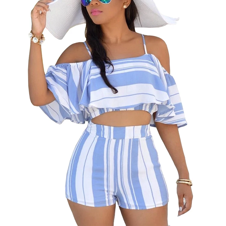 

Hot Style Blue Short Spaghetti Straps Top Mini Length Bottom 2 Piece Women Clothing Set, As show