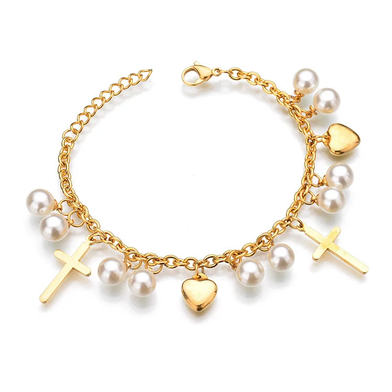 

Womens Heart Pearl Gold Plated Charm Christian Bracelet Cross
